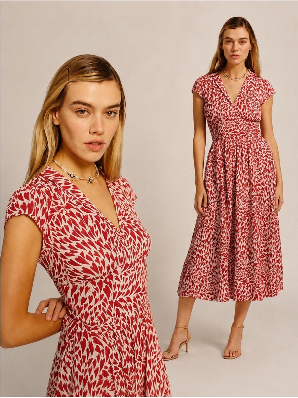 NWT Reformation Alisa Red Heart Printed Collared V-Neck  Midi Dress size 2